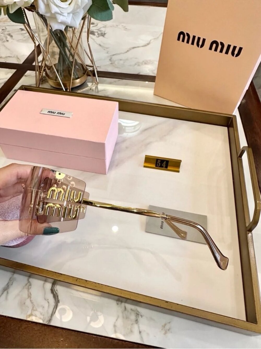 Miu Miu Rimless Sunglasses with Pink-Brown Lenses and Gold Accents - Picture 6 of 7